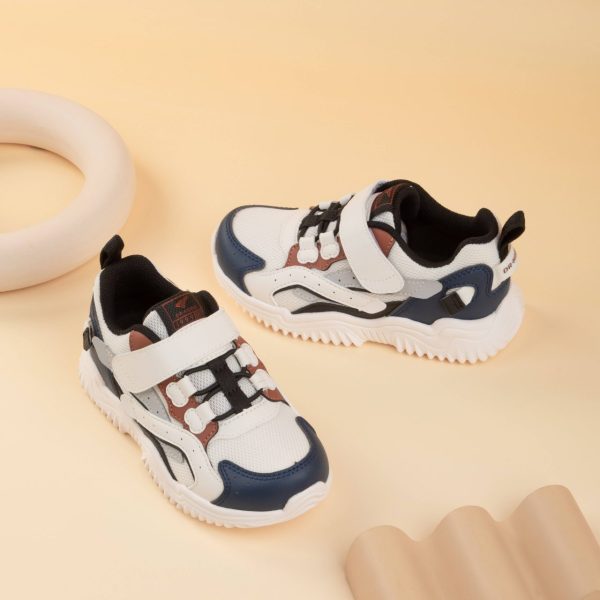 White Navy & Brown Kids Sneakers